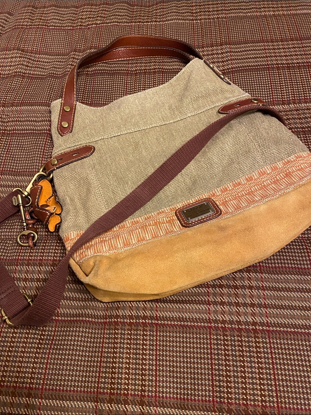 FOSSIL Canvas and Suede Brown Shoulder Bag